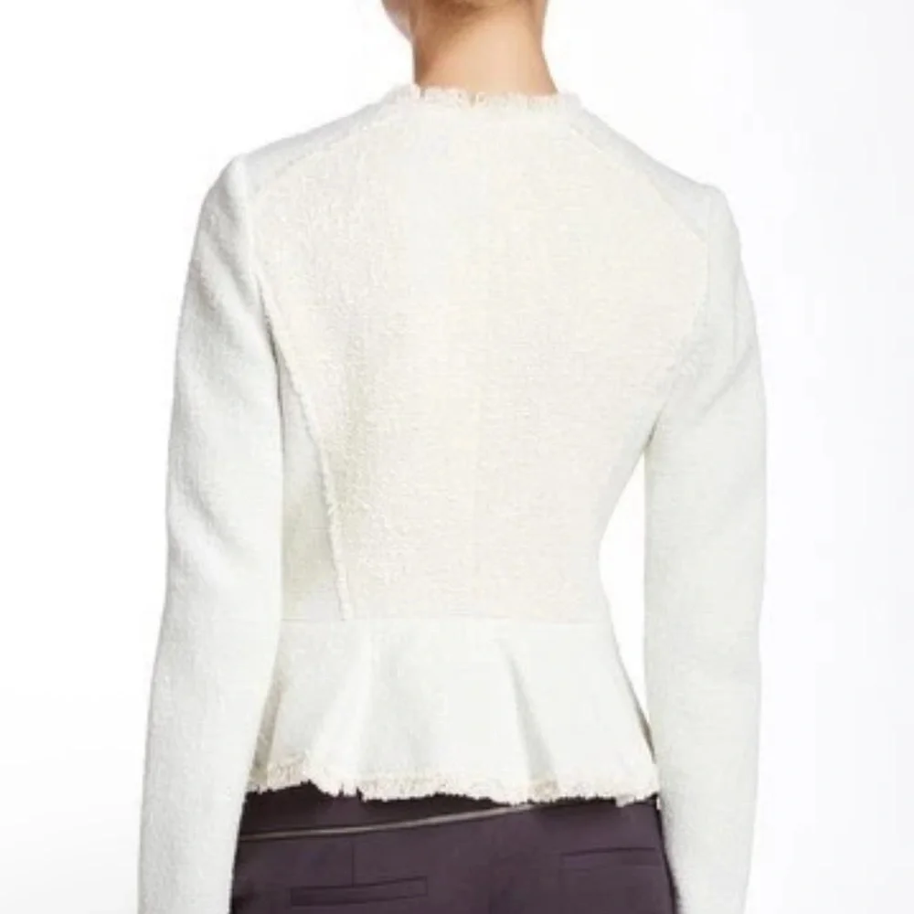 Rebecca Taylor‎ Genuine Lamb Leather Detail Tweed Jacket Beige/Light Blue Sz 8